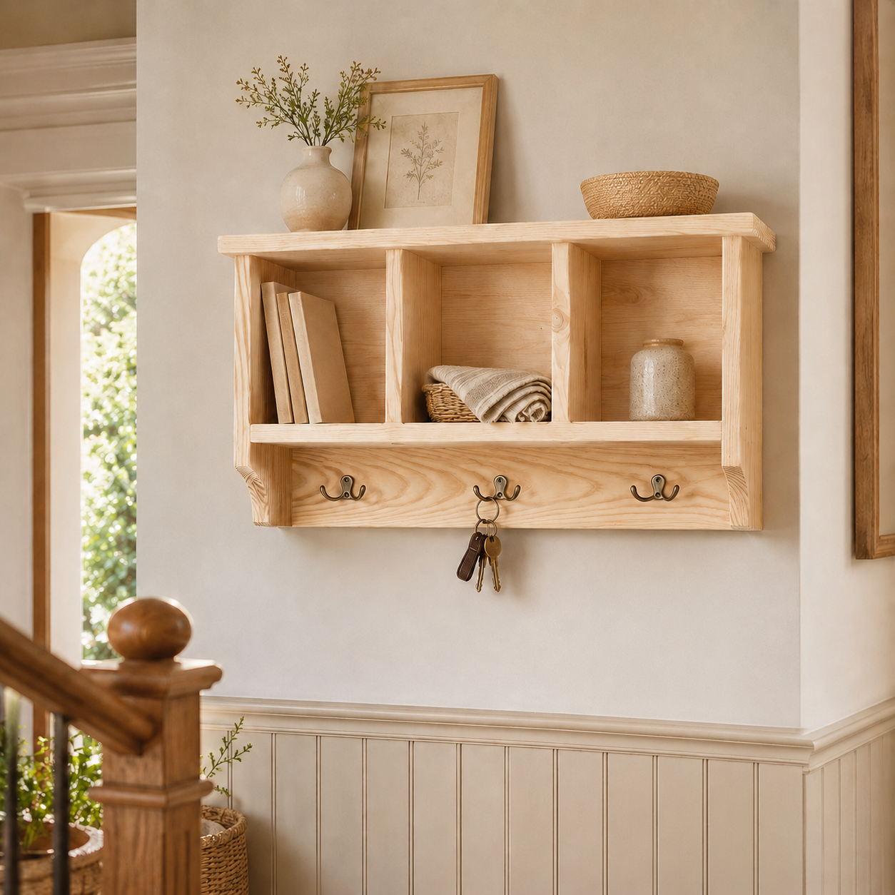 Wooden wall shelf with hooks and decorative items in a home setting