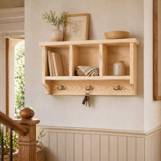 Wooden wall shelf with hooks and decorative items in a home setting