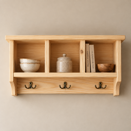 A light natural wood wall-mounted shelf with three open cubbies, a lower drawer section with three black metal hooks, and decorative items including bowls, a jar, and books displayed inside.