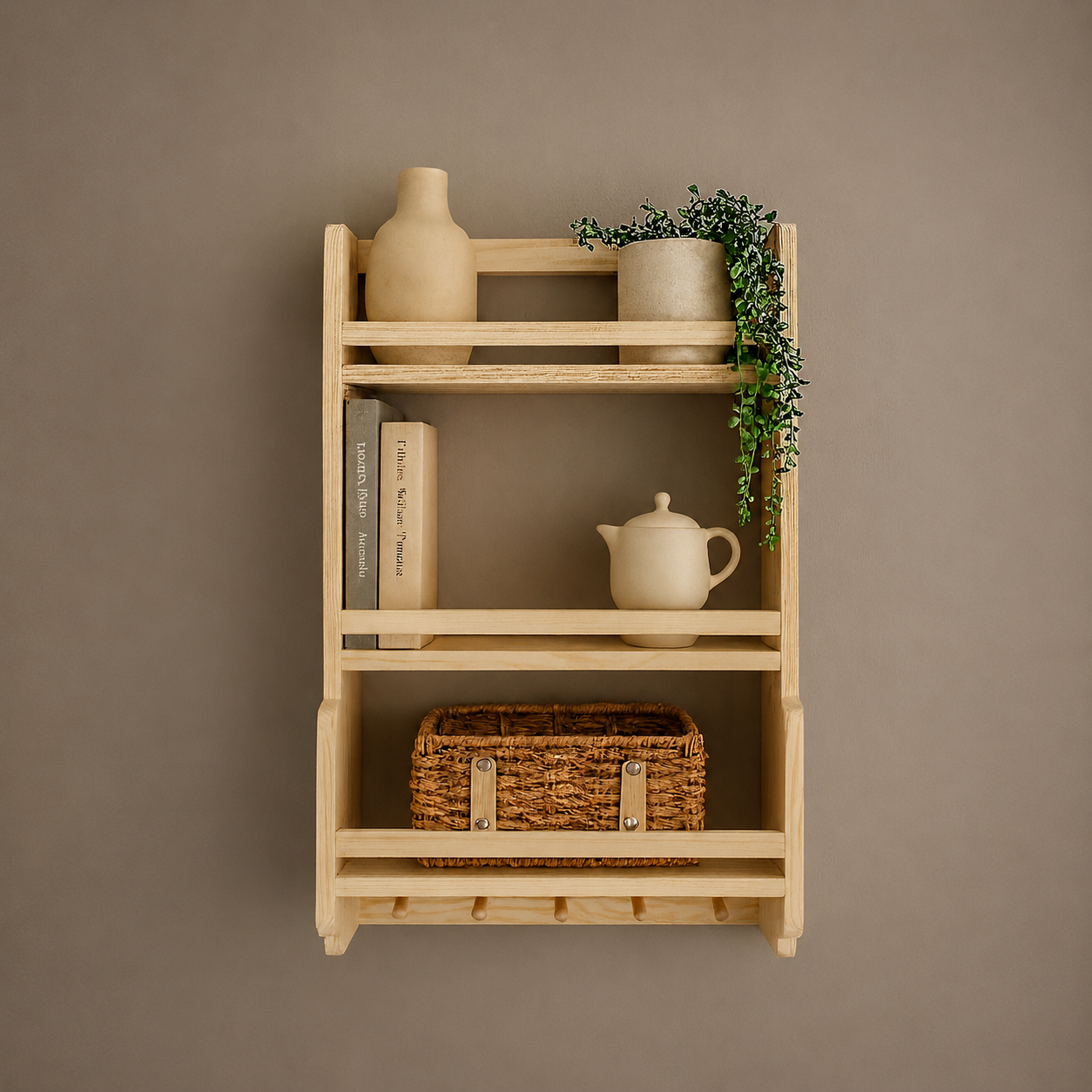 Wooden shelf with decorative items against a brown wall