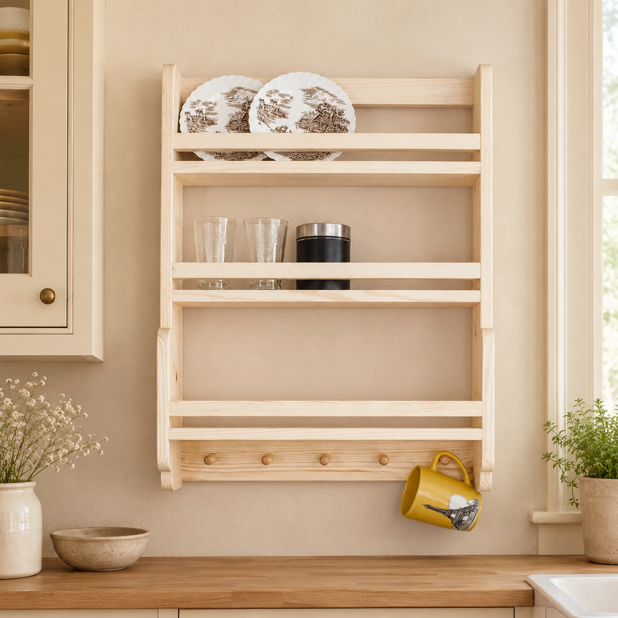 Wooden wall shelf in a kitchen with plates, glasses, and a yellow mug.