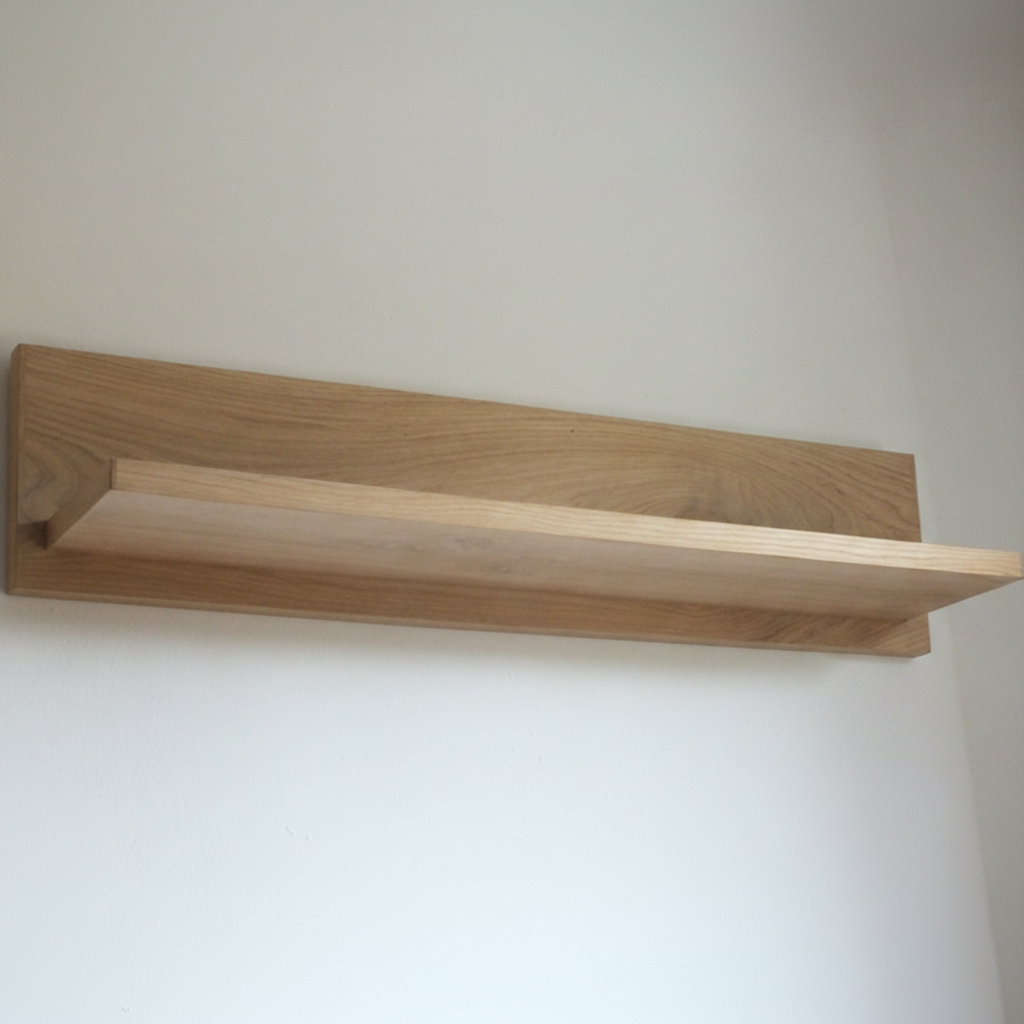 Wooden shelf mounted on a plain wall