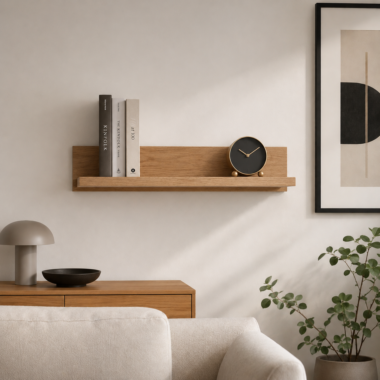 Modern living room with wooden shelf, books, clock, and decor items.