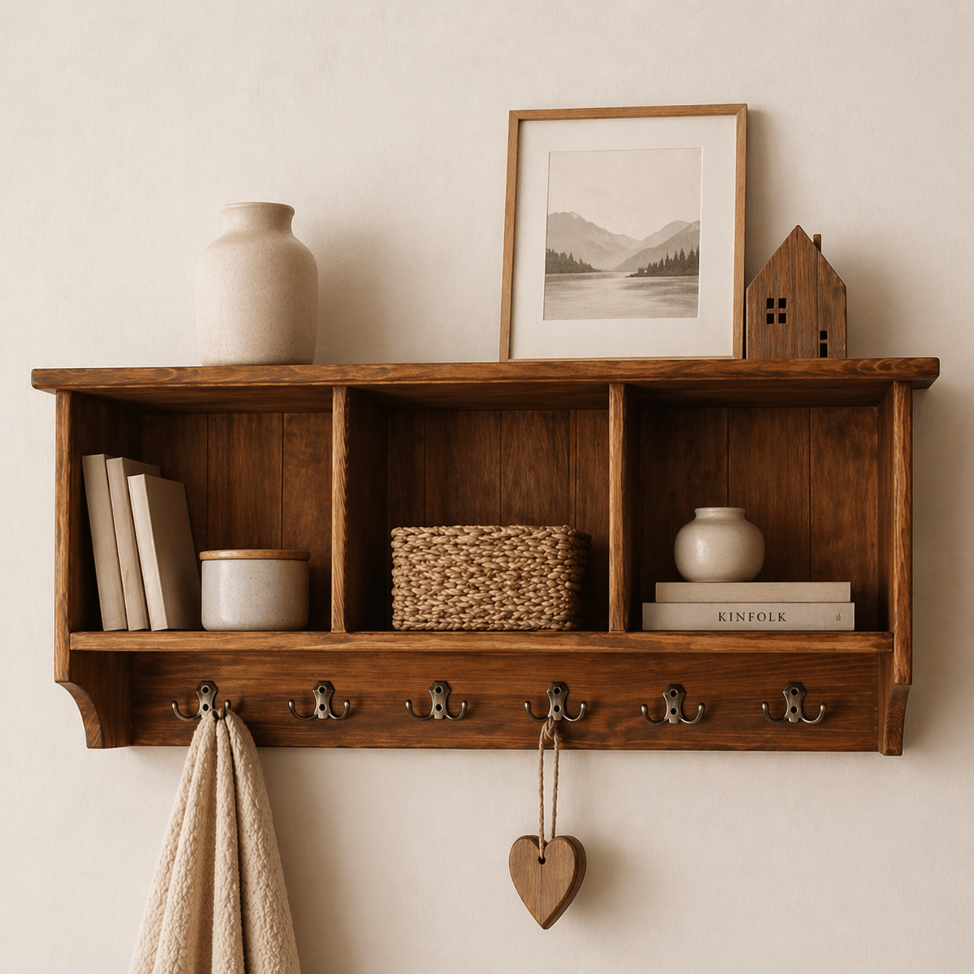 Wooden shelf with decorative items on a beige wall