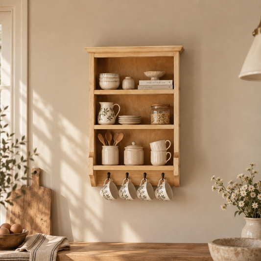 A light natural wood wall-mounted kitchen shelf with three open shelves and four hanging mugs, styled with ceramic dishes, jars, and books in a warm, sunlit kitchen setting.