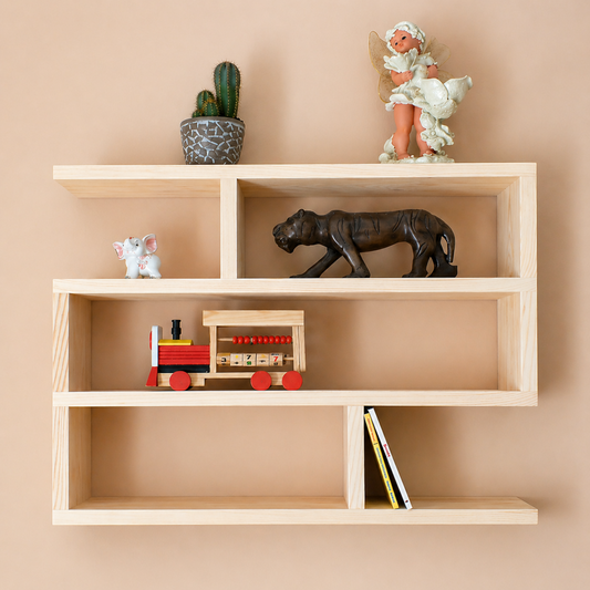 Wooden shelf with decorative items including a train model, figurines, and books against a beige wall.