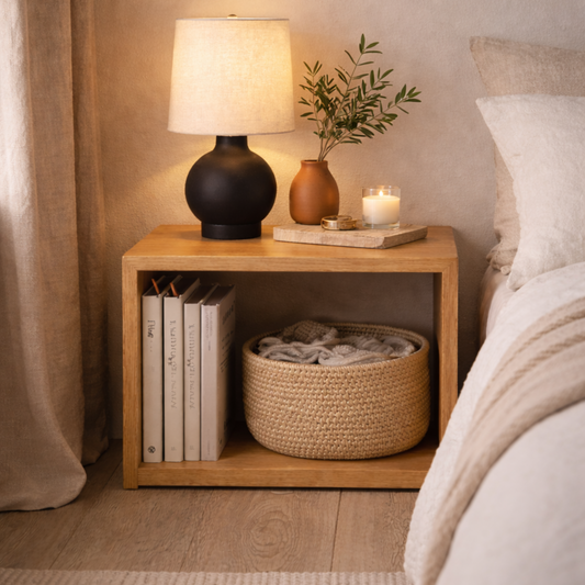 Wooden nightstand with lamp, books, and decorative items in a bedroom setting.