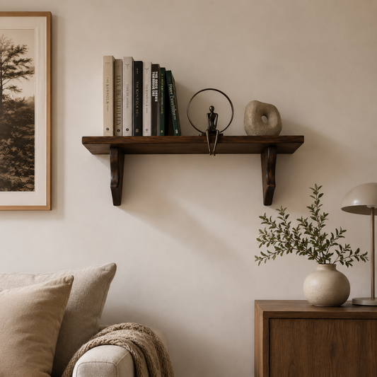 Wooden shelf with books and decorative items against a beige wall, with a plant and lamp in the foreground.