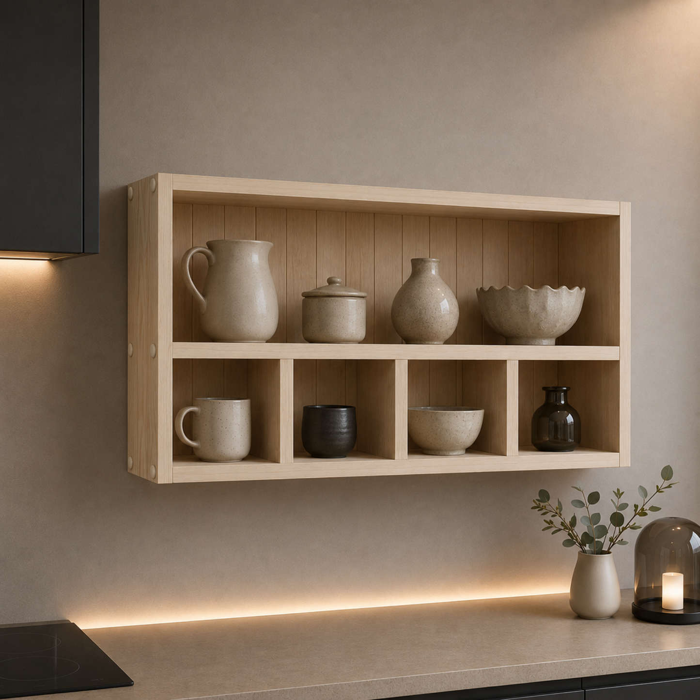Wooden shelf with ceramic items against a neutral wall in a kitchen setting.