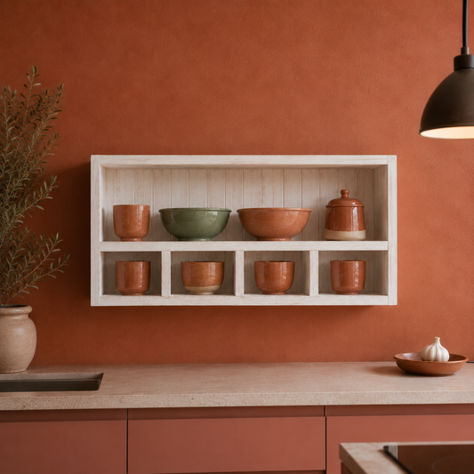 Kitchen shelf with ceramic bowls against an orange wall