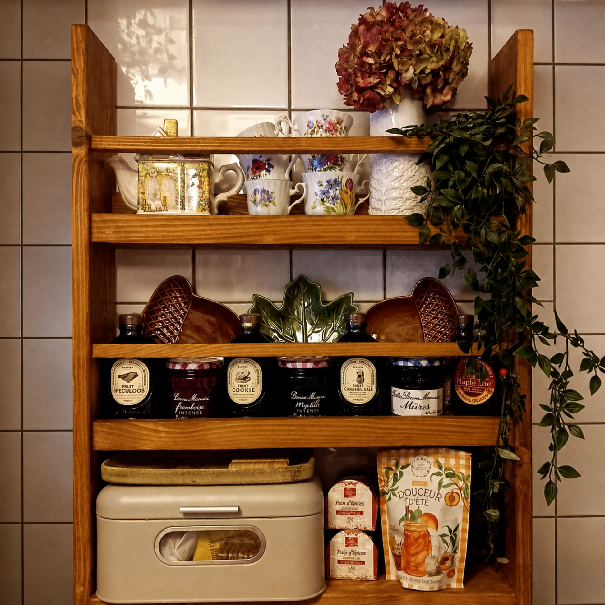 Wooden shelf with kitchen items against a tiled wall