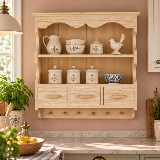 A light natural wood wall-mounted kitchen cabinet with three open shelves and three drawers, styled with ceramic canisters, bowls, and a bird figurine in a warm kitchen setting.