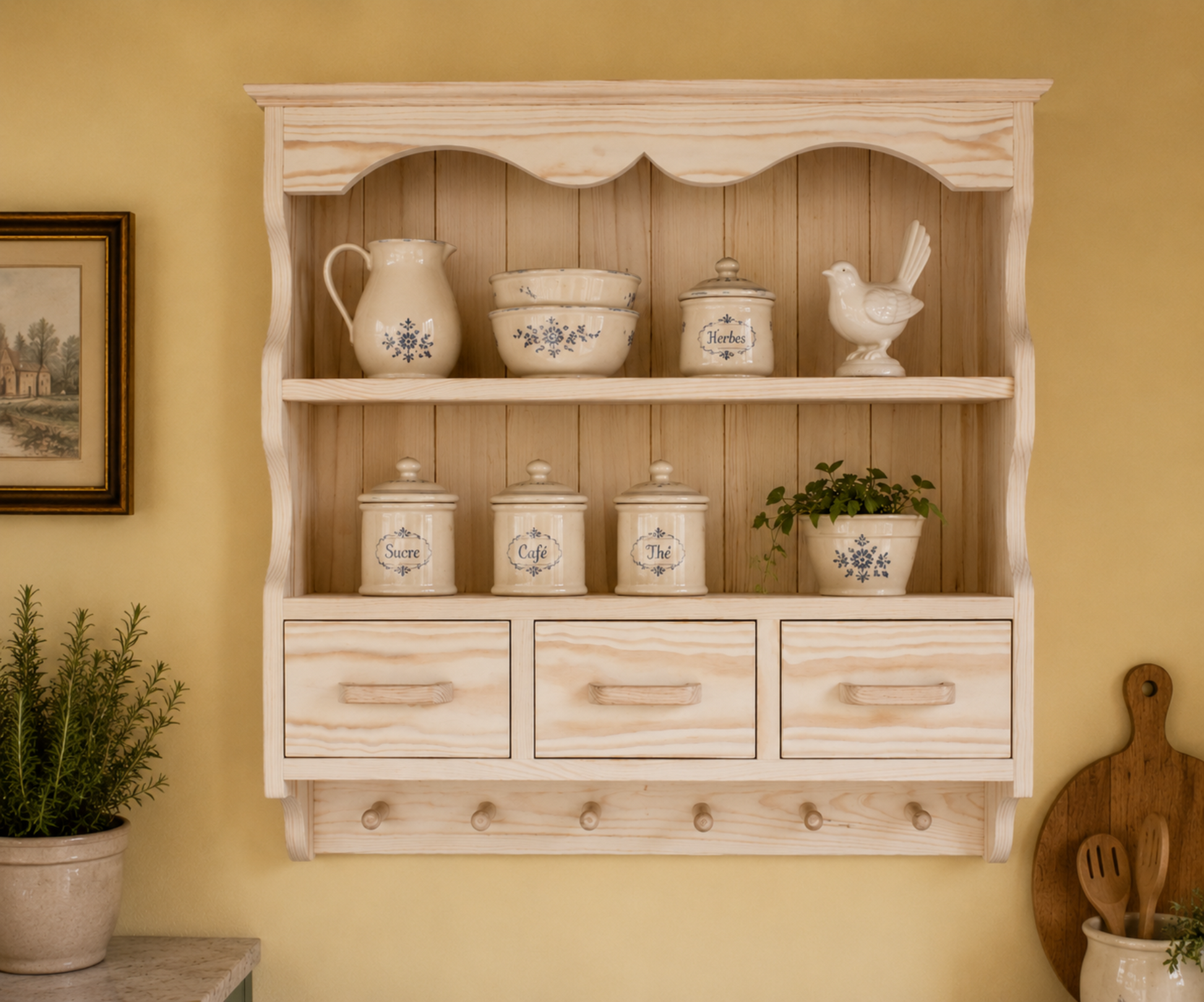 Wooden shelf with decorative items against a yellow wall