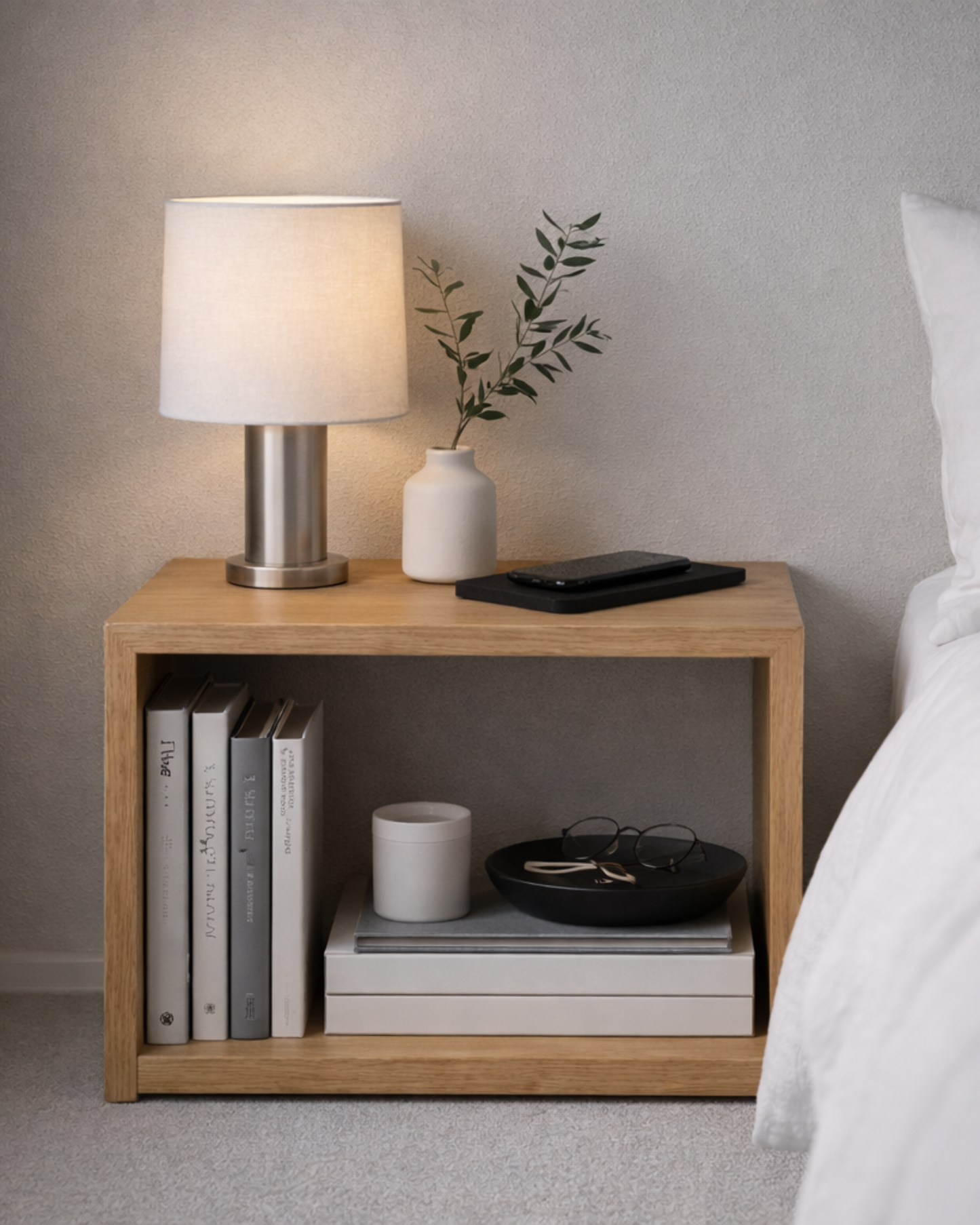 Linen — Minimal Oak Bedside Table