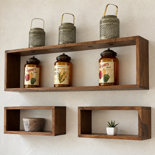 Three rustic dark brown wooden floating shelves mounted on a textured off-white wall, styled with decorative metal lanterns, glass jars, and a small potted succulent.