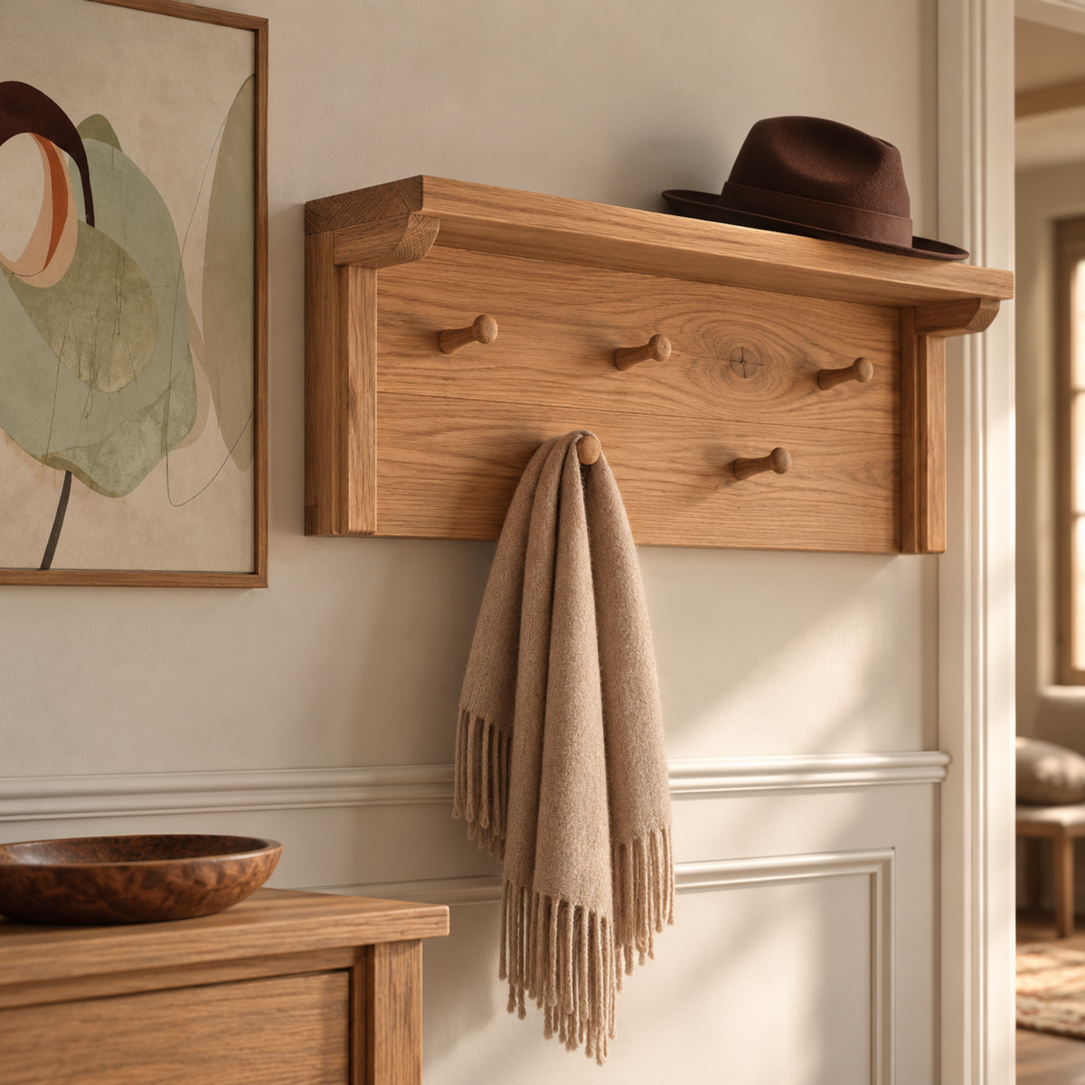 Oswald — Solid Oak Wall Coat Rack with Five Wooden Pegs
