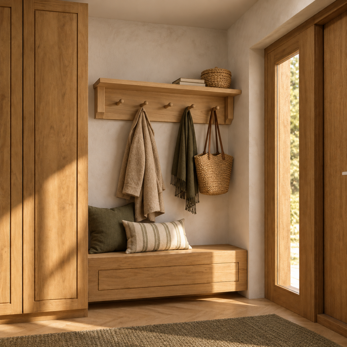 Ralph — Solid Oak Wall Coat Rack with Five Wooden Pegs