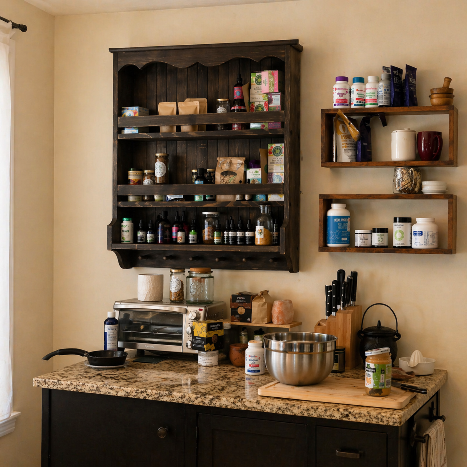 Kitchen counter with shelves displaying various items against a beige wall.