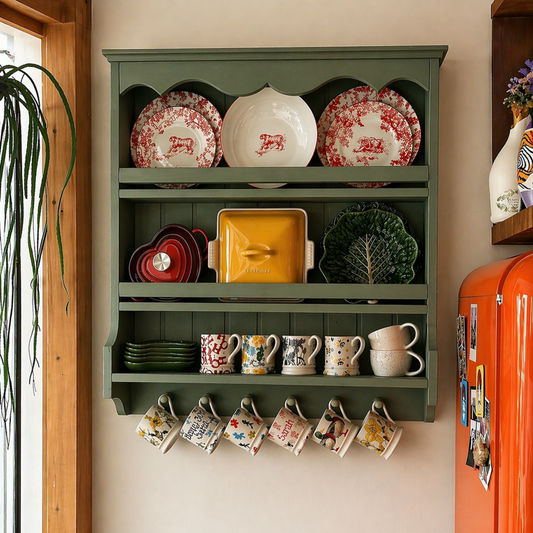 Green wall-mounted shelf with decorative plates, mugs, and a yellow tray in a room setting.