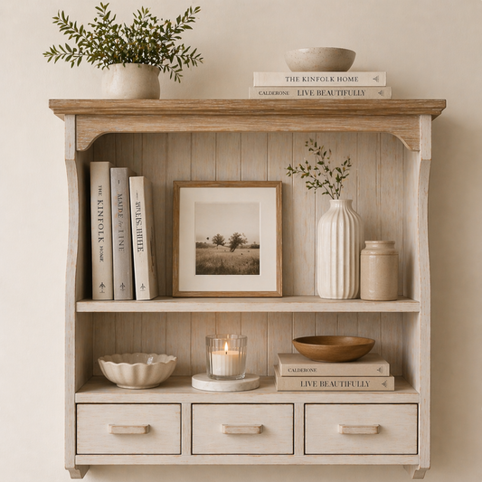 Wooden shelf with books, a framed picture, and decorative items against a beige wall.