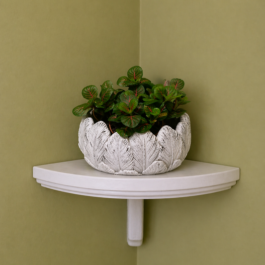 Corner wall shelf with a decorative plant pot against a green wall