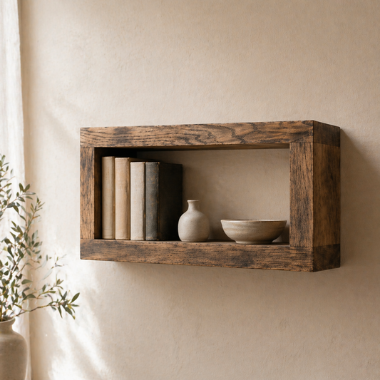 Wooden wall shelf with books and decorative items against a beige wall.