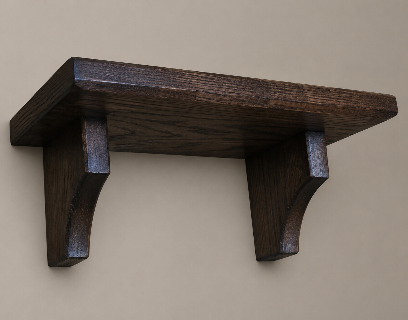Wooden shelf bracket on a beige wall