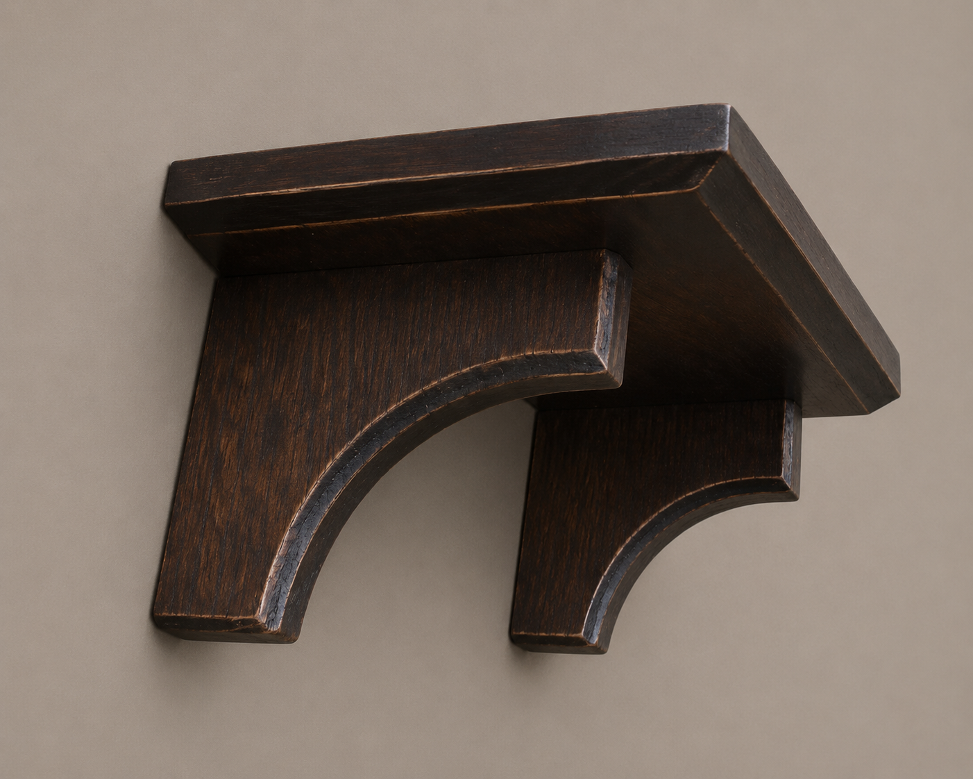 Dark wooden shelf bracket on a beige background