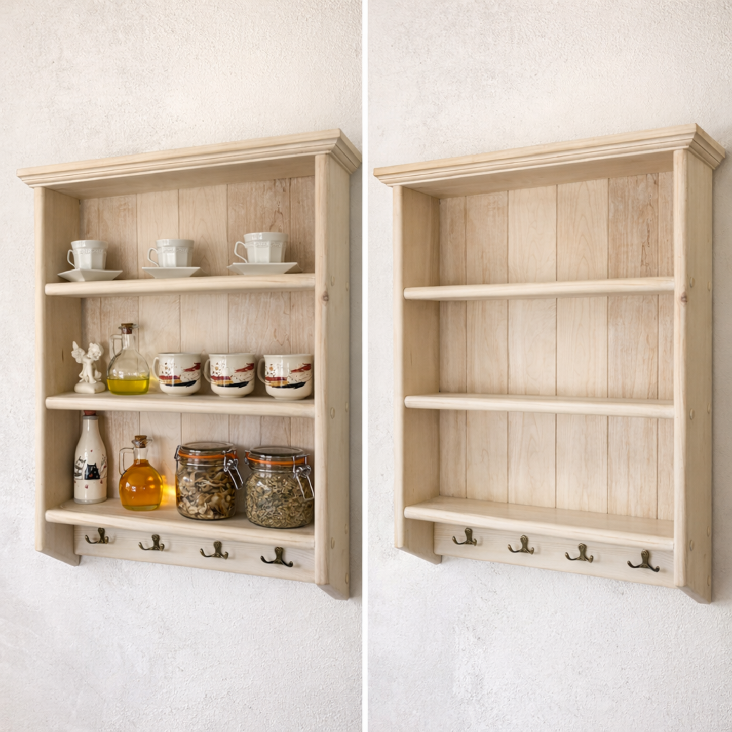 Wooden wall shelves with hooks on a white background