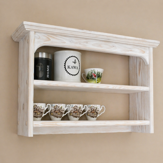 Wooden wall shelf with decorative cups on a beige wall