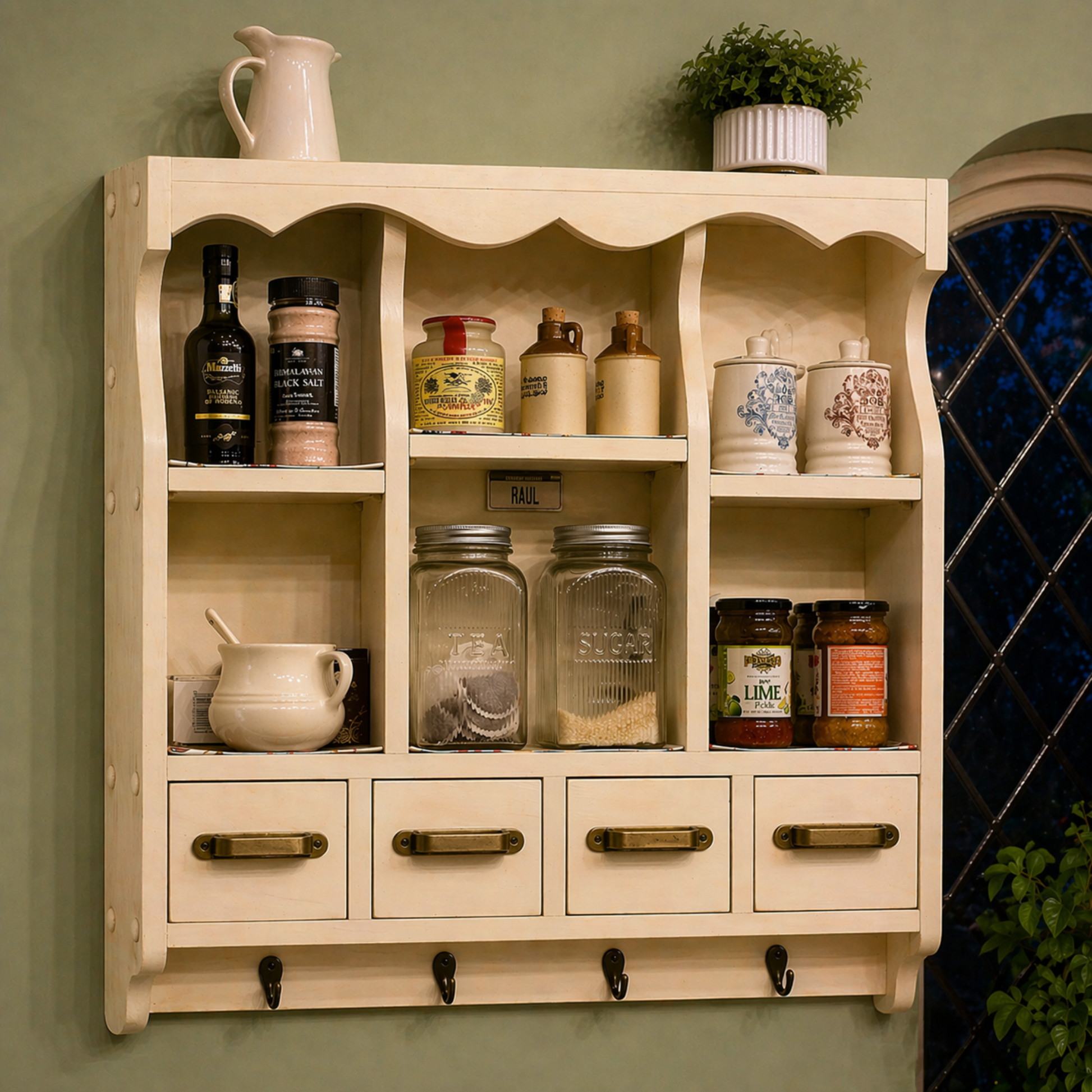 Wooden shelf with various jars and bottles against a green wall.