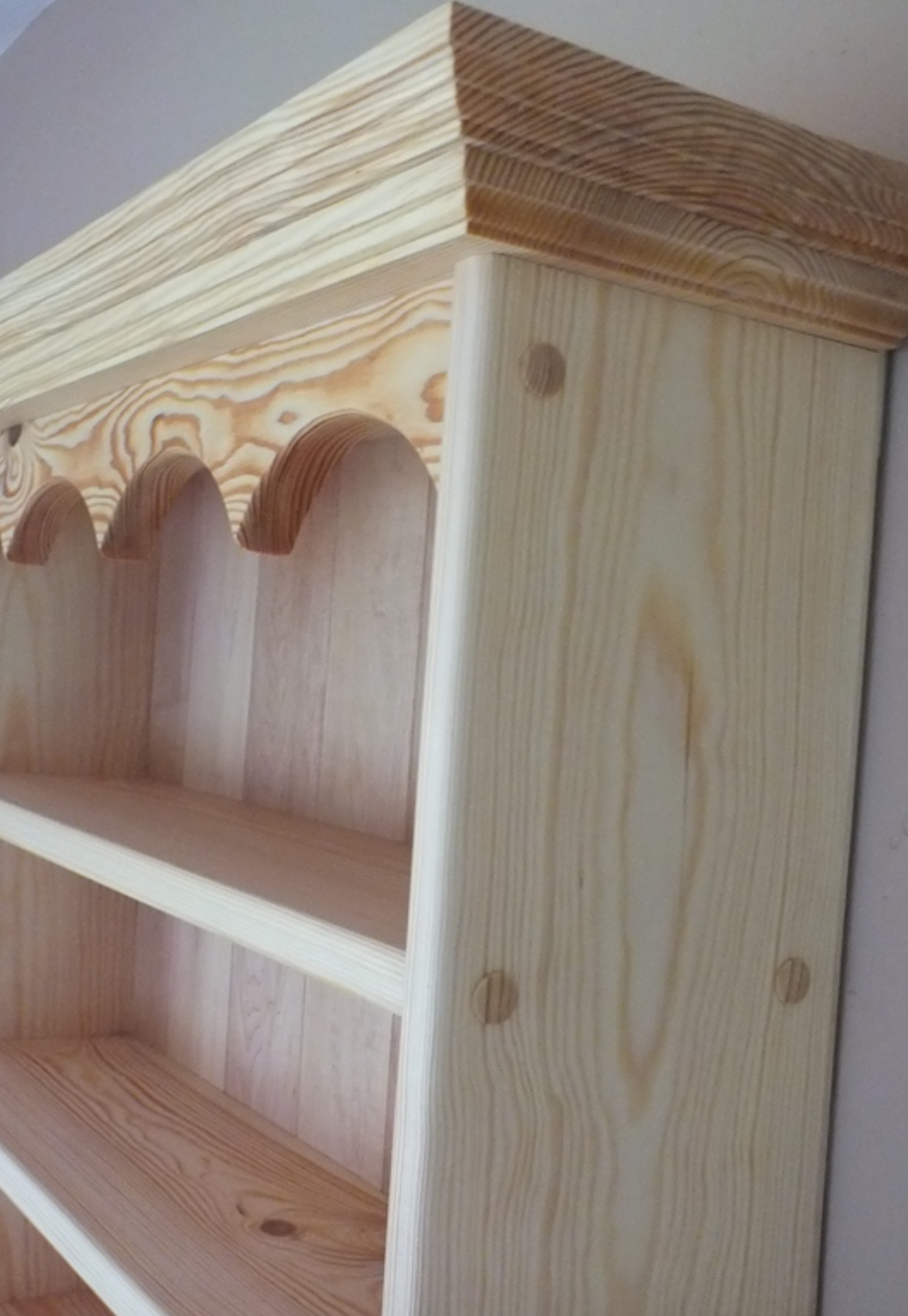 s91 Wall mounted kitchen open shelving with decorative top panel and hooks on the bottom panel