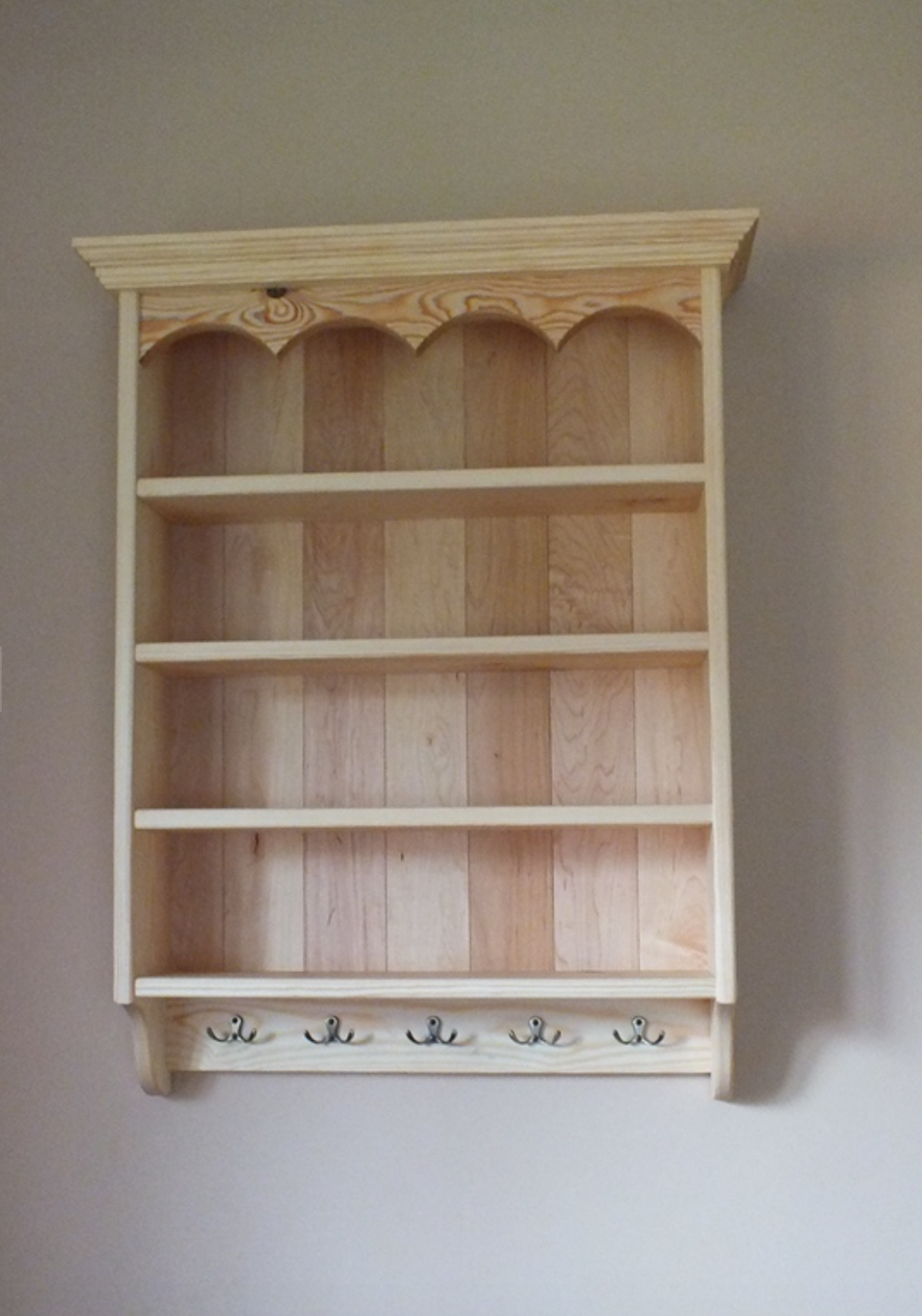 s91 Wall mounted kitchen open shelving with decorative top panel and hooks on the bottom panel