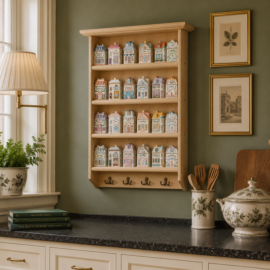 Wooden shelf with decorative miniature houses in a home setting