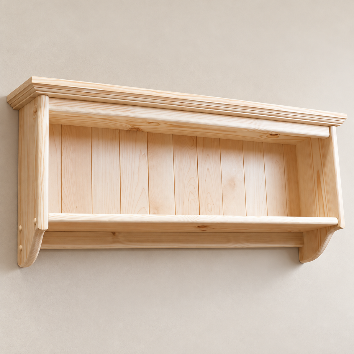A light natural wood wall shelf with a slatted back panel and a curved bottom support, mounted on a plain beige wall.