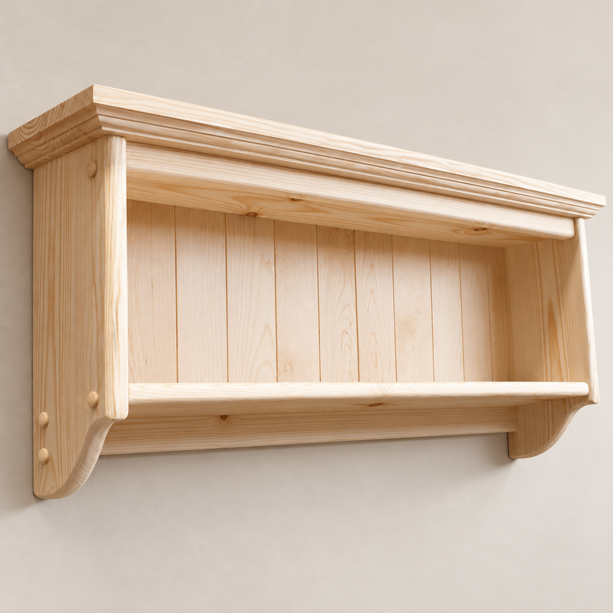 A light natural wood wall-mounted shelf with a slatted back panel and a lower shelf, shown against a plain beige wall.