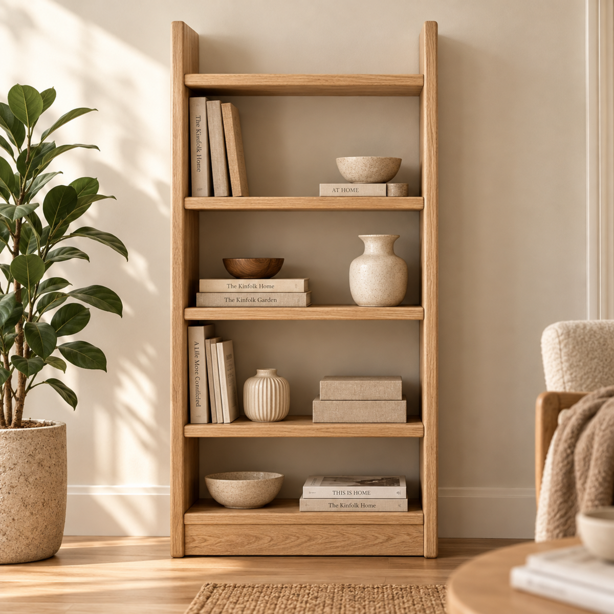 A tall light oak wooden bookshelf with five shelves, styled with books, ceramic vases, and bowls, set in a warm, sunlit room next to a potted plant.