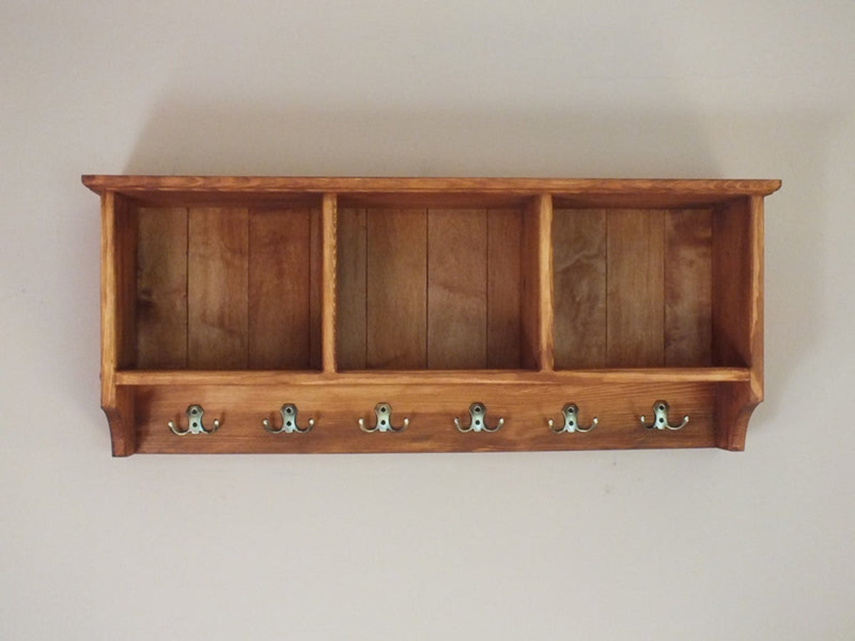 Bertille – Solid Pine Wall Shelf with Three Compartments & Six Double Hooks