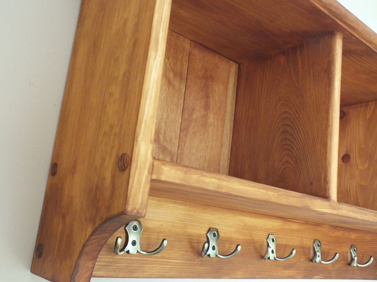 Bertille – Solid Pine Wall Shelf with Three Compartments & Six Double Hooks