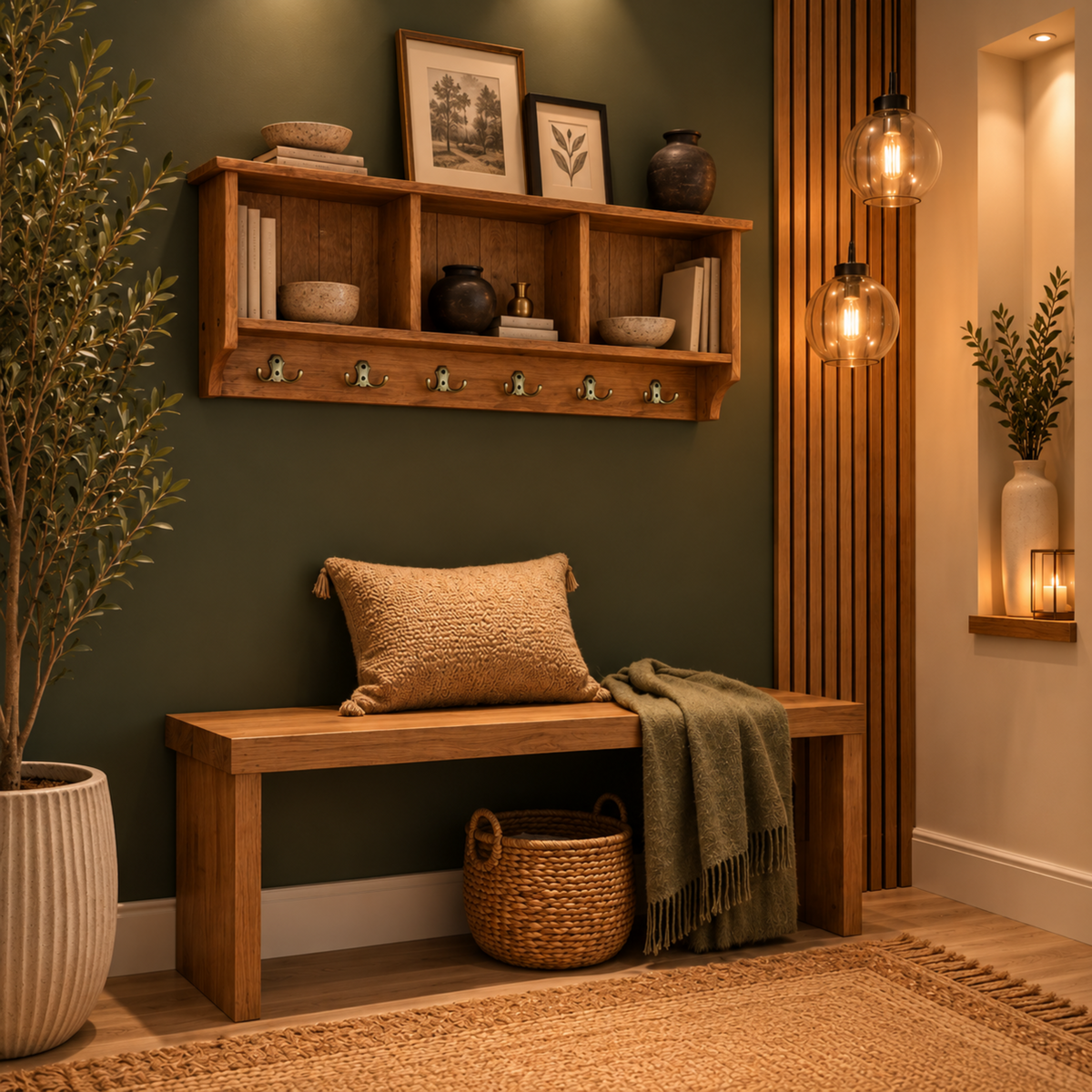 Bertille – Solid Pine Wall Shelf with Three Compartments & Six Double Hooks
