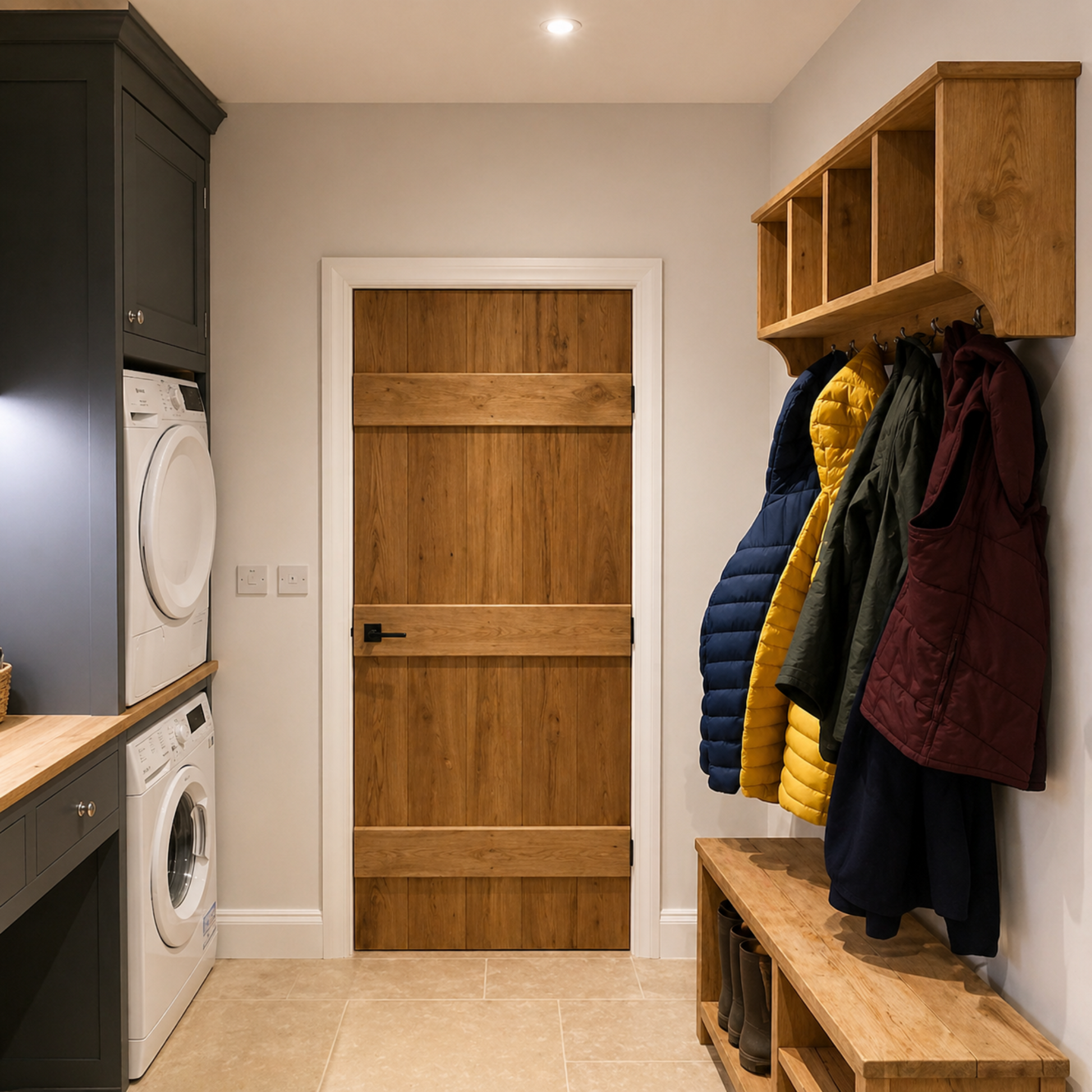 Laundry room with wooden door, coat hooks, and storage bench.