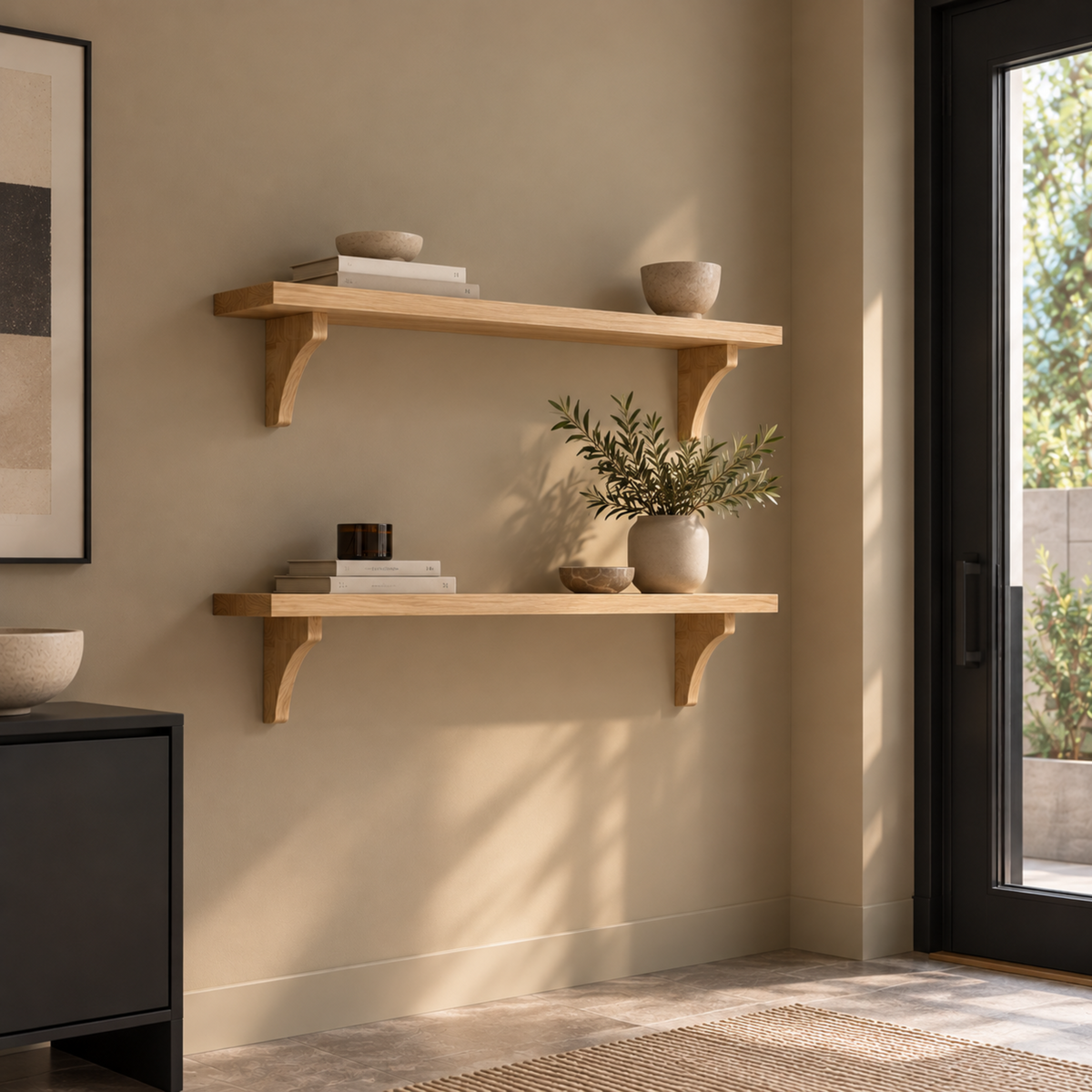 Two light natural wood floating shelves mounted on a beige wall in a modern interior, styled with books, bowls, and a small potted plant near a glass door.