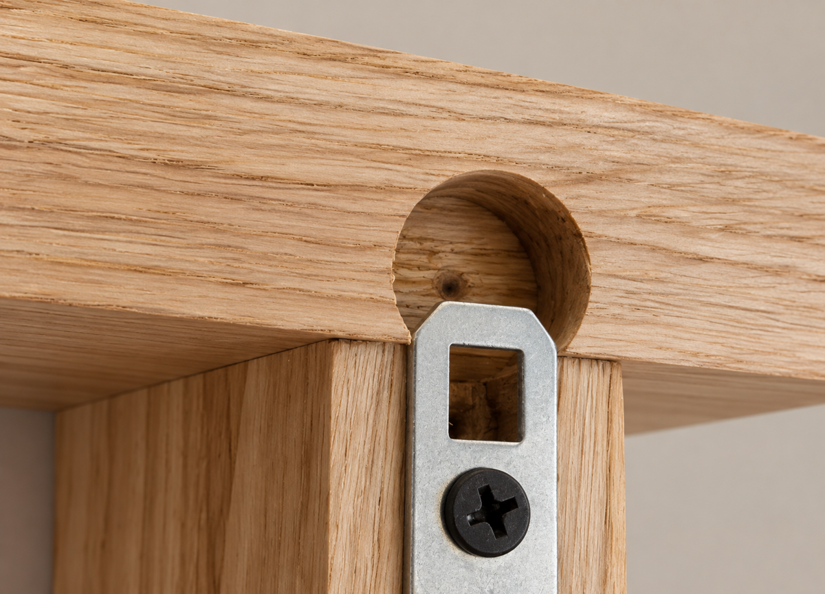 Close-up of a light oak wood shelf bracket with a circular cutout and a silver metal mounting plate secured by a black screw.