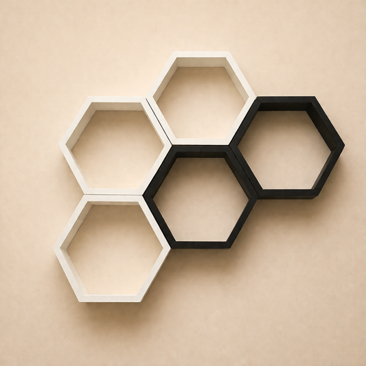 Hexagonal wall shelves in black and white on a beige wall
