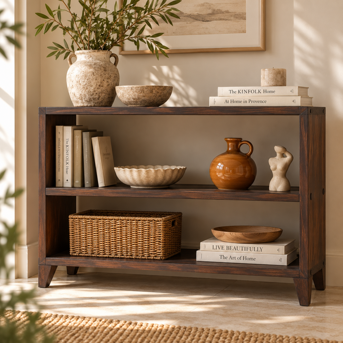 A dark brown wooden three-shelf console table styled with books, ceramic vases, bowls, a wicker basket, and a potted plant in a warm, sunlit room.