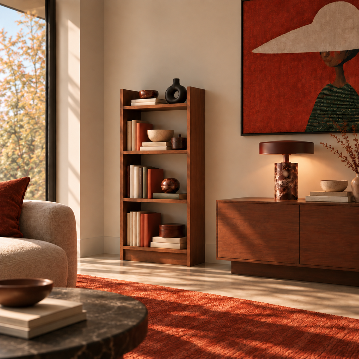 A warm, modern living room scene featuring a wooden bookshelf with books and decorative objects, a matching wooden sideboard with a lamp, a red rug, and a large red wall art piece.