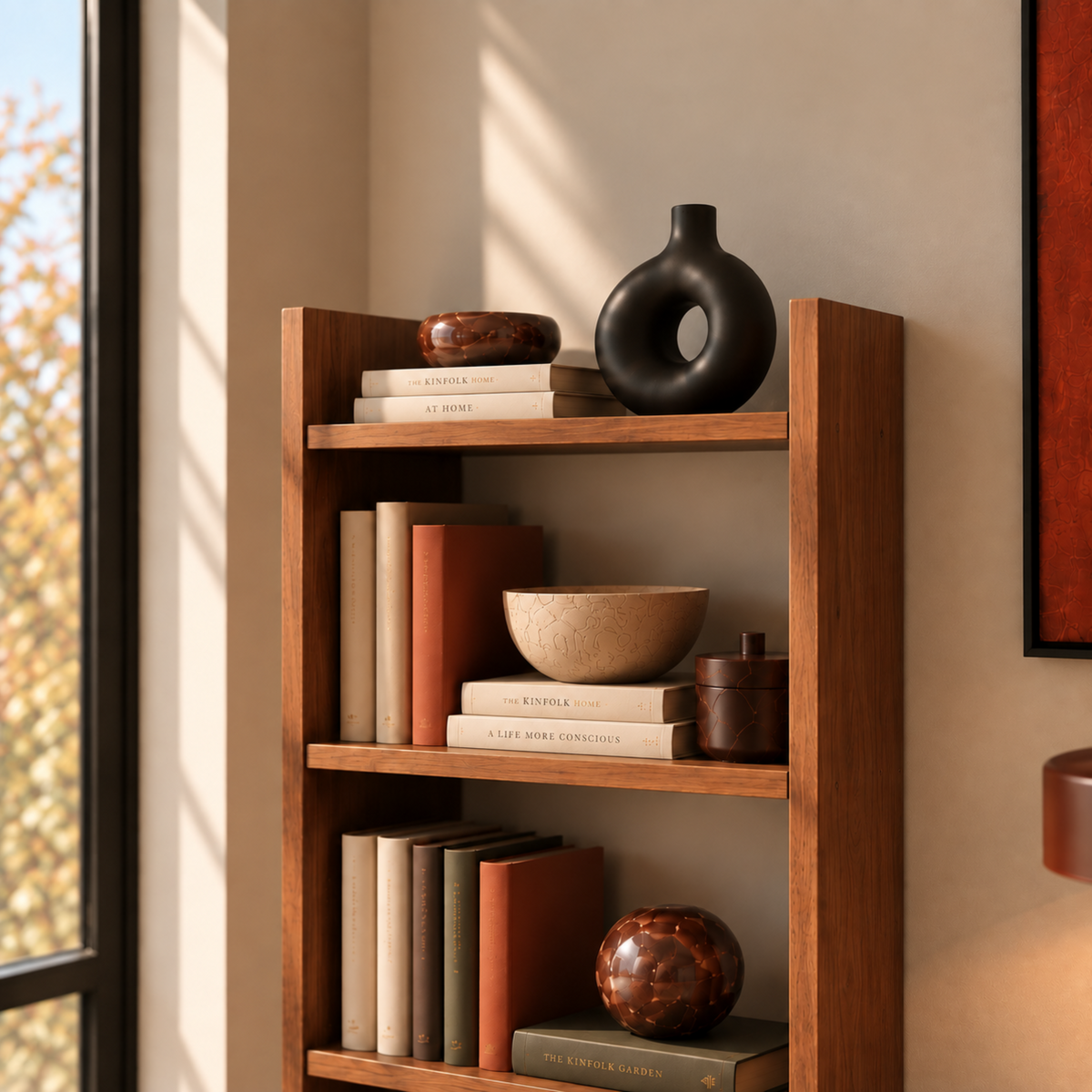 A wooden bookshelf styled with books, ceramic bowls, and a black donut-shaped vase in a warm, sunlit room.