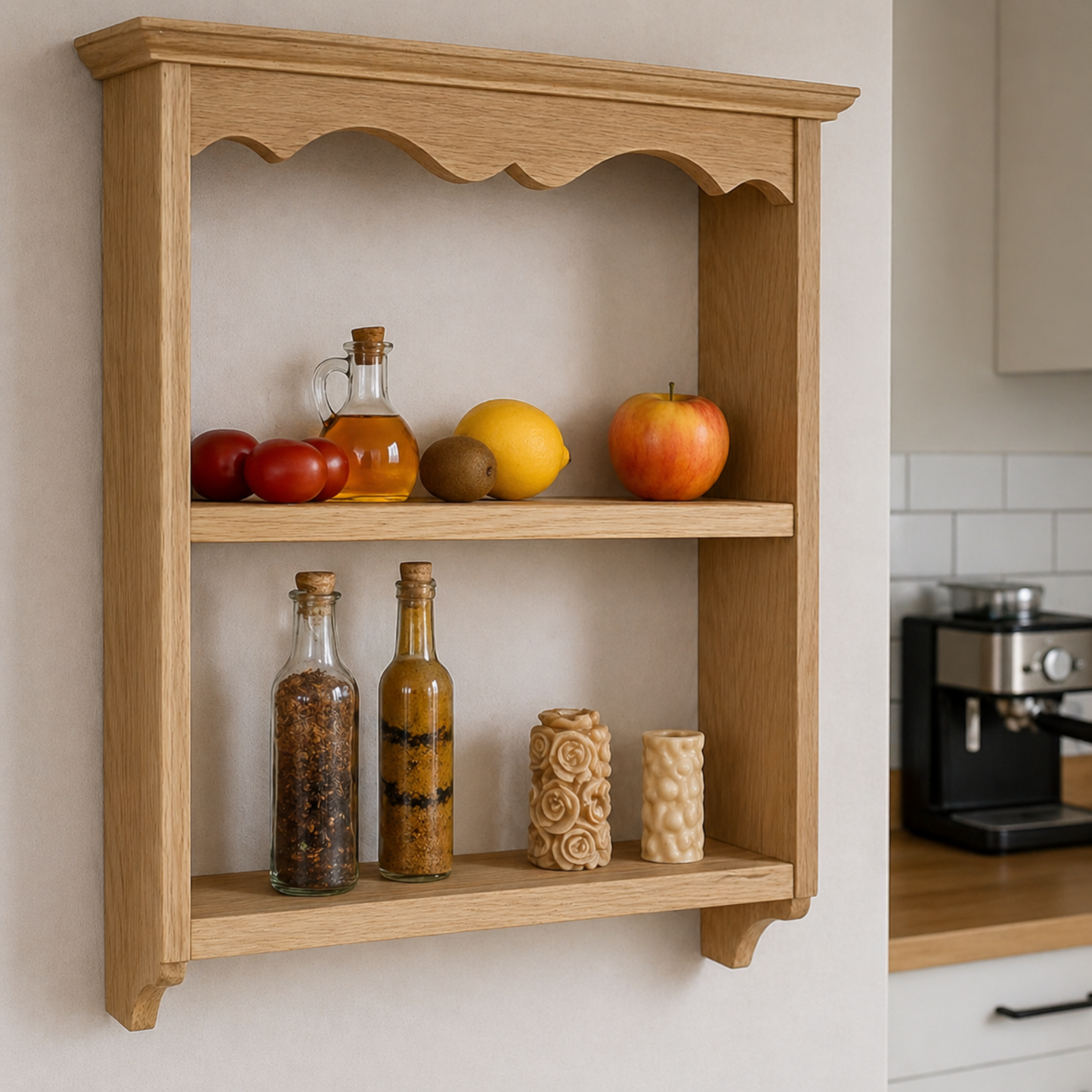 Wooden wall shelf with decorative items in a kitchen setting