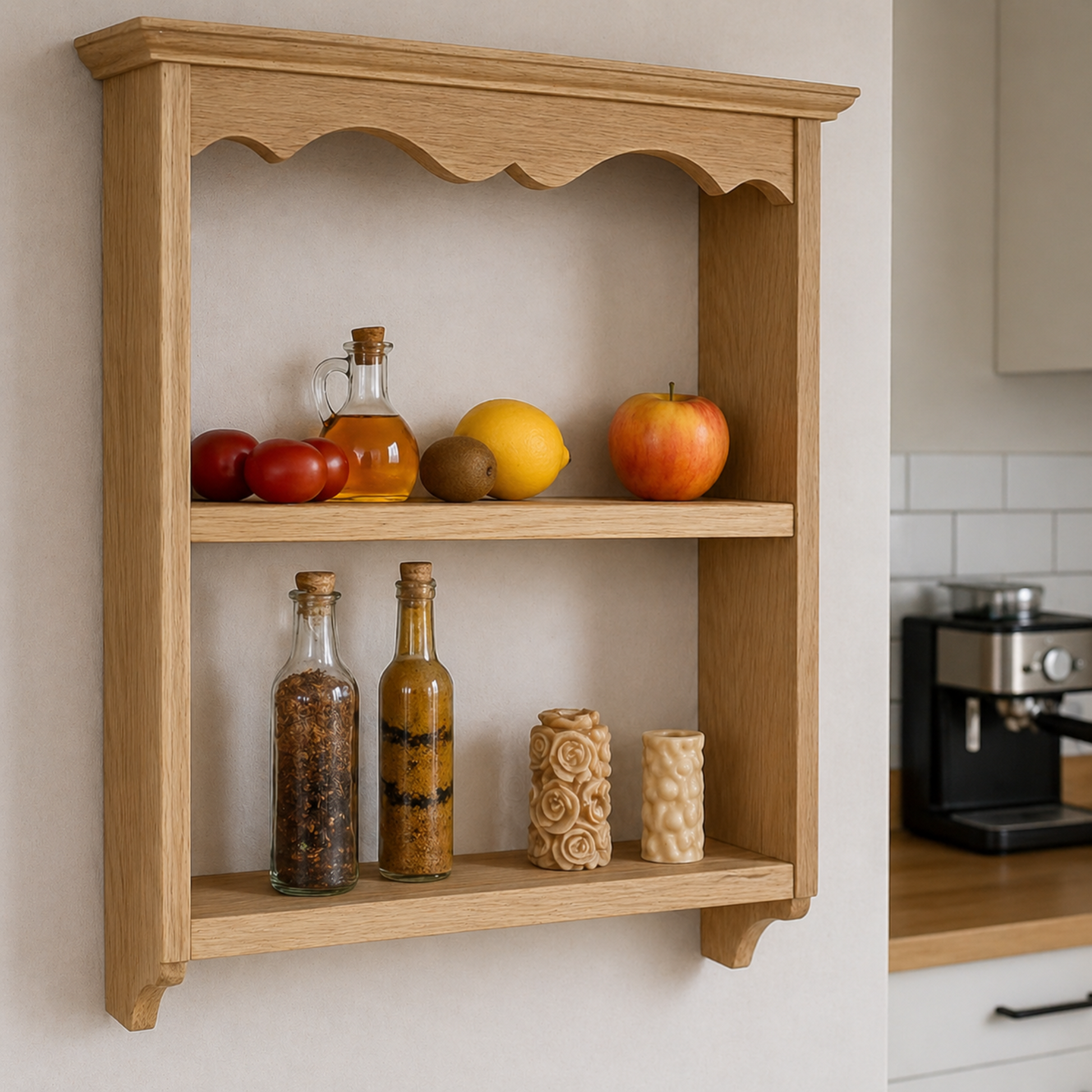 Wooden wall shelf with decorative items in a kitchen setting