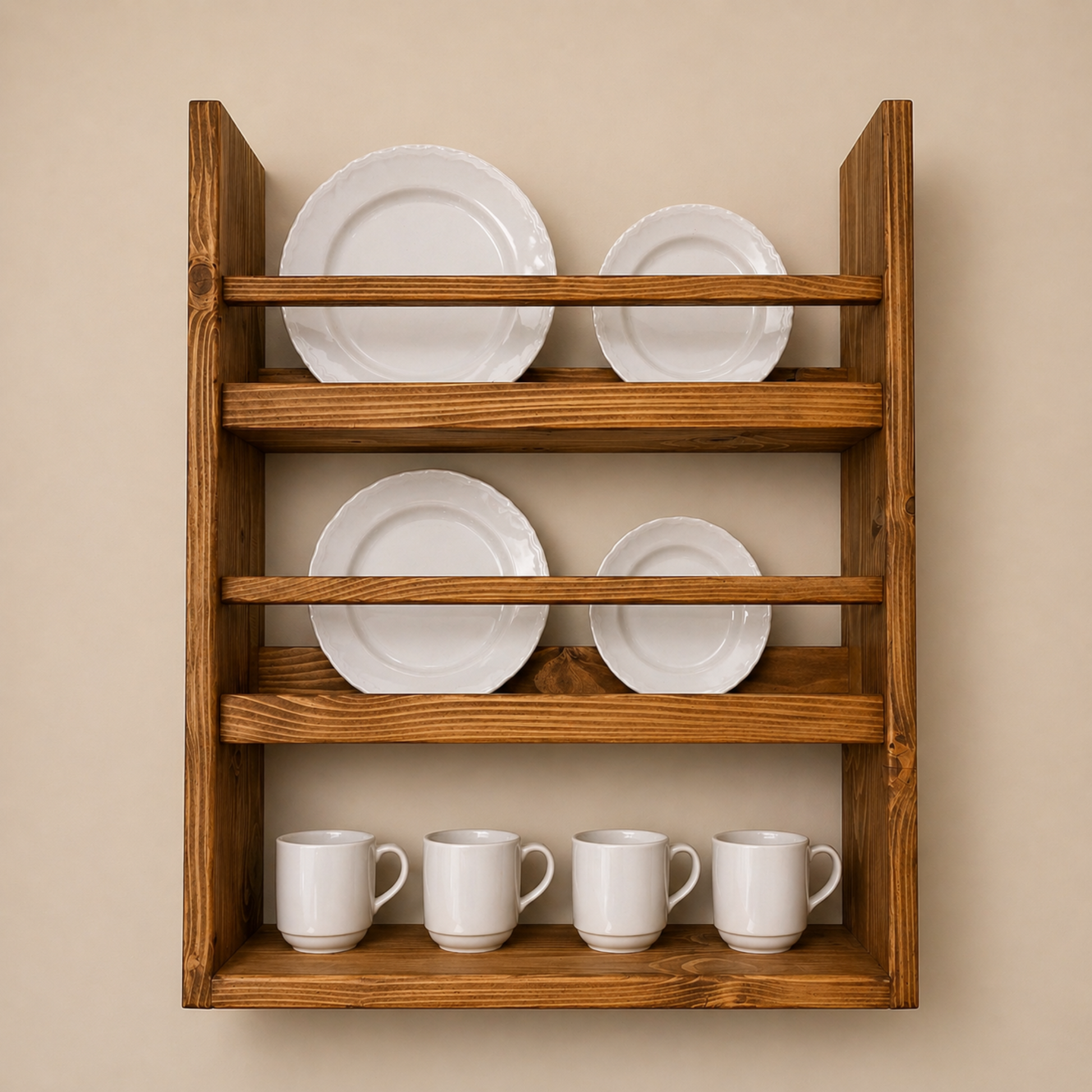 Wooden wall shelf with white plates and mugs on a beige wall